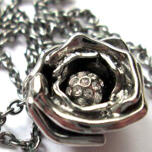 Swarovski Black Rose Pendant Necklace Enamel Pave Crystal Dark Silver Tone